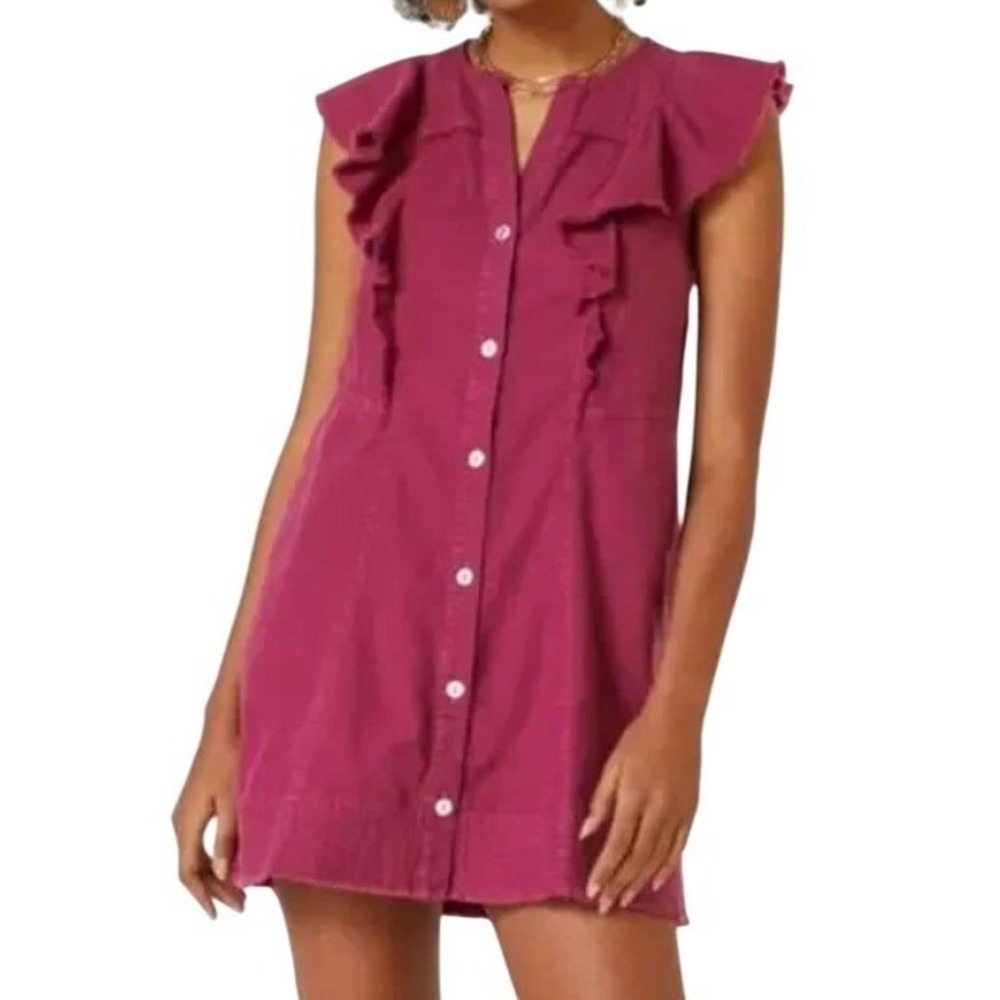Pilcro Anthropologie Mini Dress L Purple Cotton Button Ruffle Summer Chic Casual